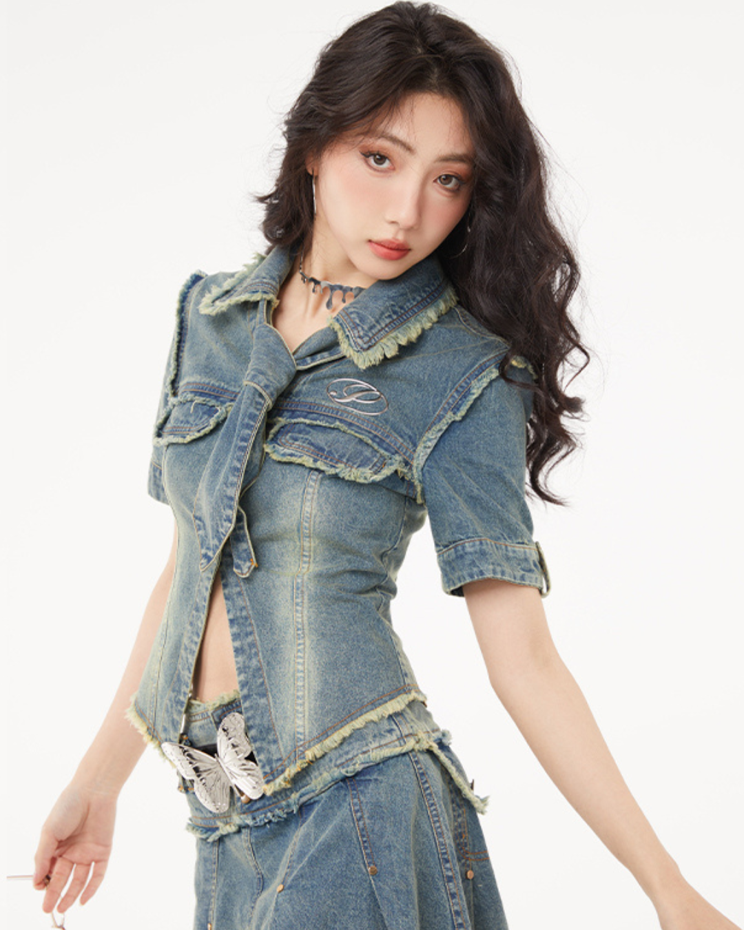 Washed Slim Denim Jacket & Denim Skirt SPY0003